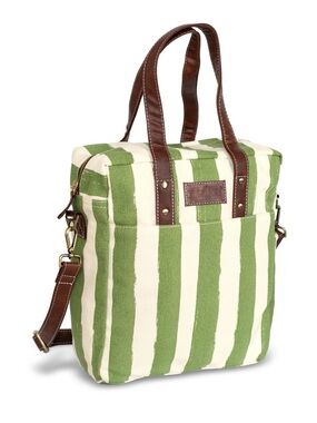 Maika Green & Cream Striped Messenger Bag with Brown Trim